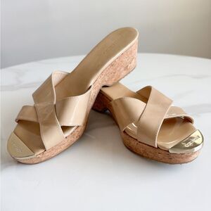 Jimmy Choo Patent Cork Wedge Sandals – Tan 40